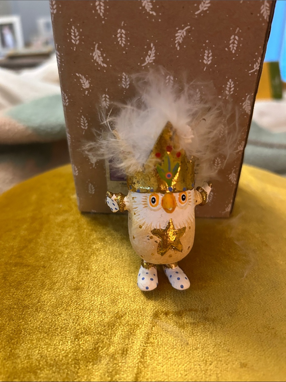 Handmade Gold Star Woodland Owl Ornament with Feathered Hat MacKenzie Childs
